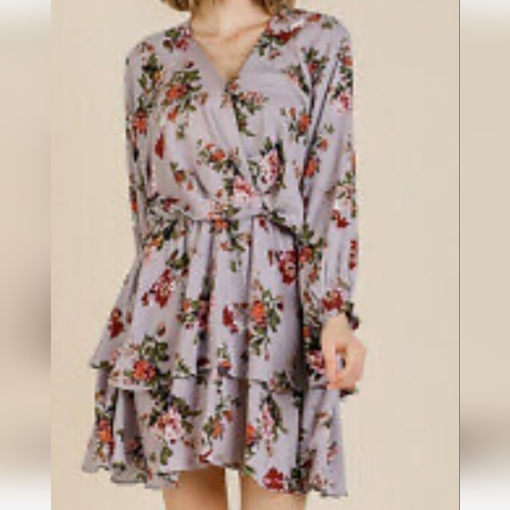 Umgee Floral Layered Ruffle Hem Dress Size L